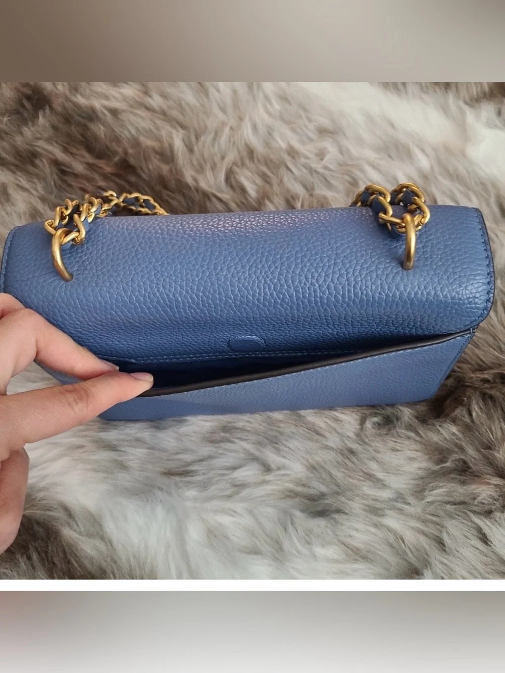 Tory Burch Navy Pebbled Leather Crossbody with Gold Logo Chain